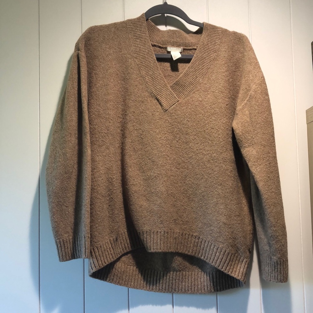 H&M V Neck Pullover camel beige oversize fit wool acrylic blend stretchy S
